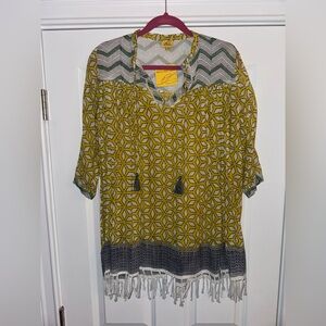 Women’s Roberta Roller Rabbit Lightweight Tunic Yellow Pattern w/ Fringe Sz XS